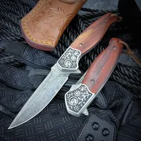 Raindrop Damascus steel folding knife Acid branch wood handle tactical knife EDC pocket hunting knife hand-carved cowhide sheath