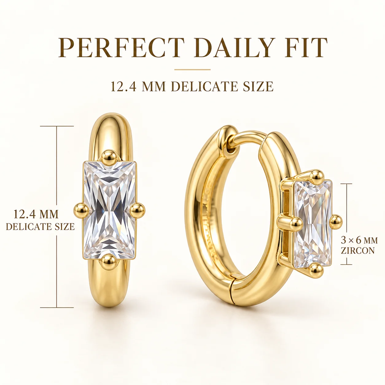 Moonmory Original Design Smaragdschliff CZ Huggie Creolen für Damen, 14K vergoldetes Messing, minimalistischer Ohrring, Schmuck Großhandel – Detail 7