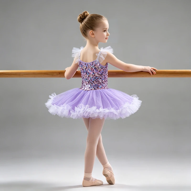 THEEPER Purple Sequin Ballet Tutu Dress for Girls, Leotard with Bow Headband Fairy Dance Dresses for Kids Dance Outfit for Girls view 6