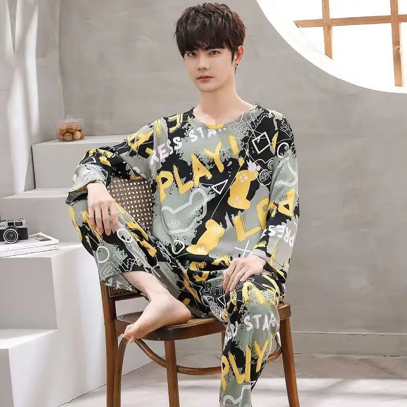 Men Pajamas Long-Sleeved Long Trousers Autumn and Winter Large Size Homewear Two-Piece Set Sleepwear Loungewear Youth Nightwear