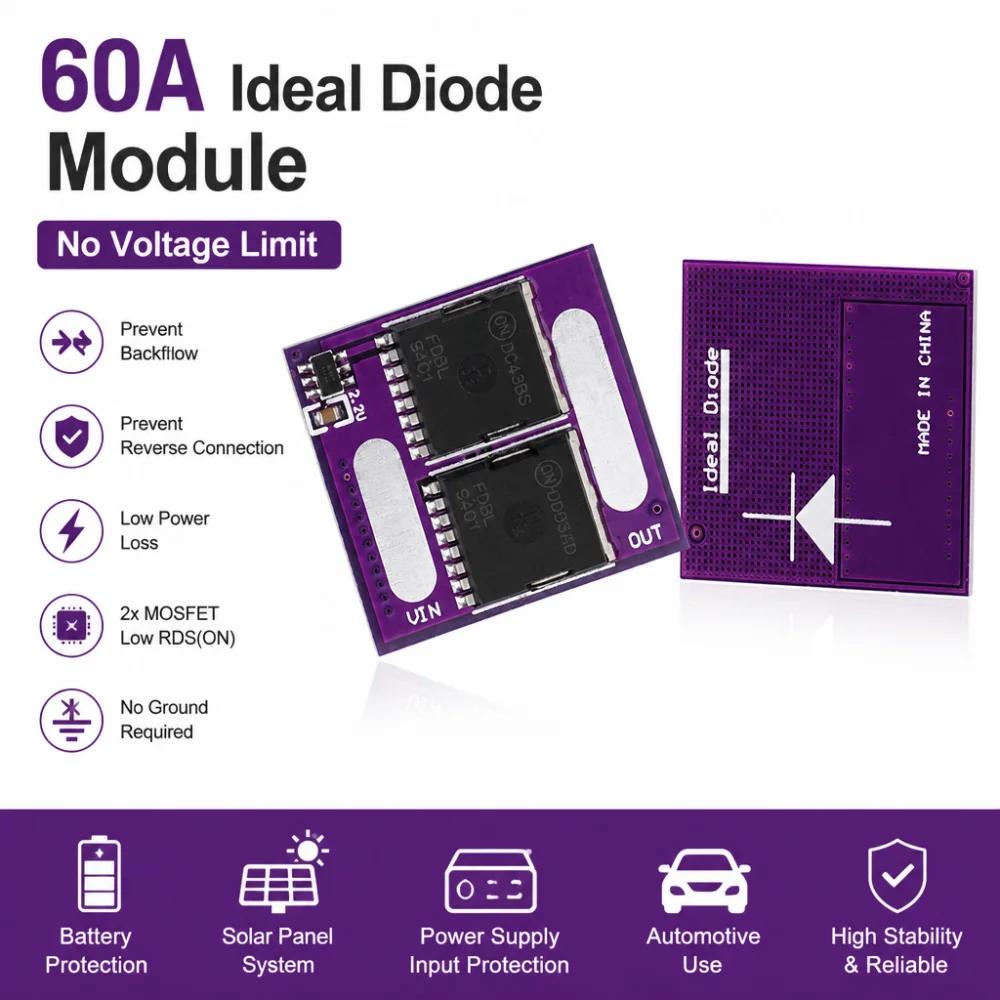 60A Voltage-Unrestricted Ideal Diode Module, reverse Connection and Backfeed Protection Diode, Battery Protection Module