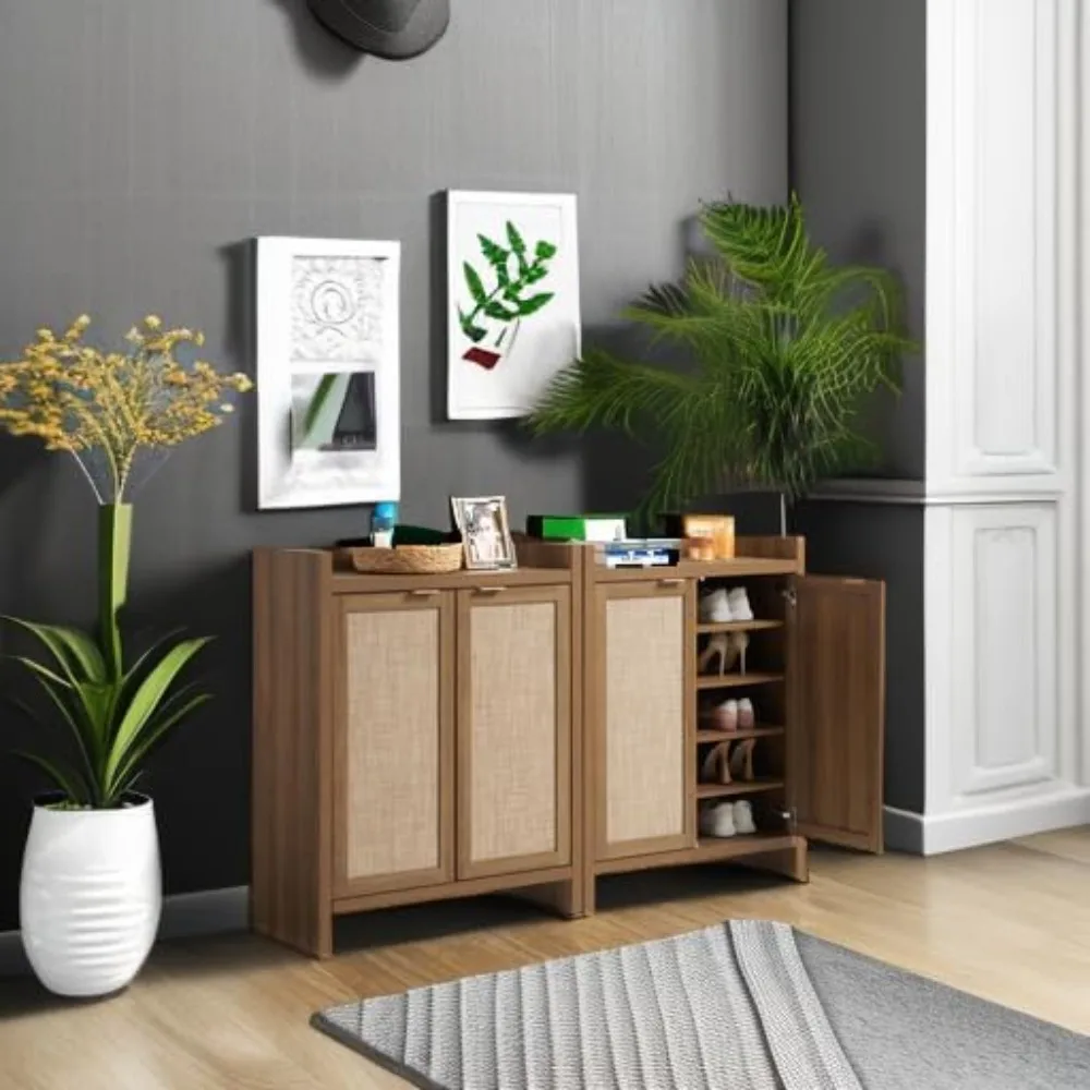 

Large Capacity Shoe Storage Organizer Cabinet, Tall Rattan Shoe Cabinet with Doors and Shelves, for Entryway Hallway