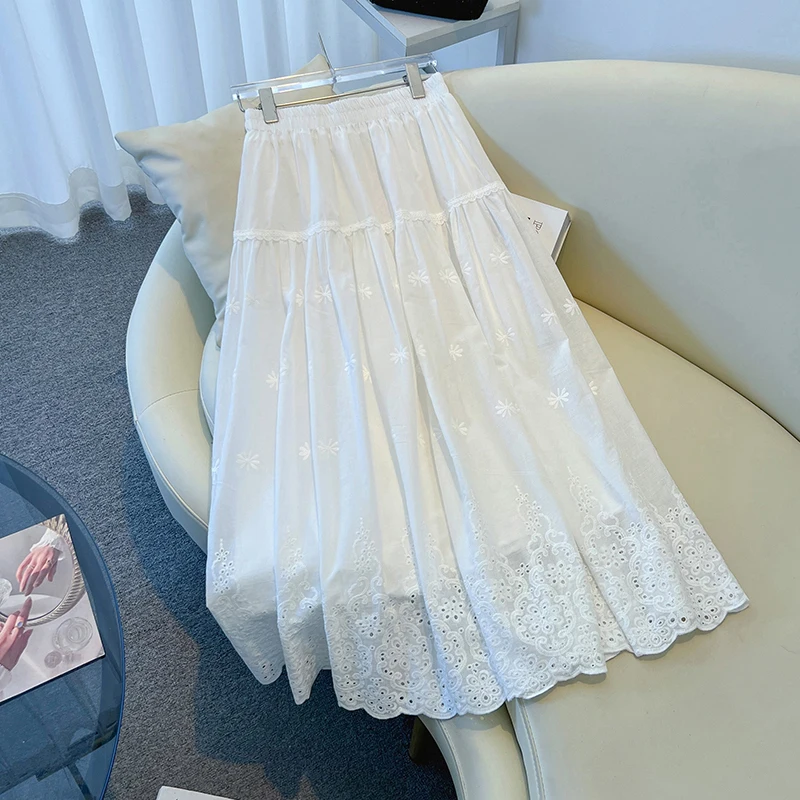

Белая кружевная юбка с вышивкой во французском стиле, женская летняя юбка трапециевидной формы средней длины с эластичной резинкой на талии, милая женская повседневная юбка