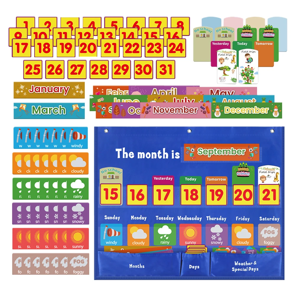 

1 set Calendar Hanging Bag 420D PVC Polyester Wall-mounted Weekly Pocket Chart for Classroom Kids Learning Educational Tool
