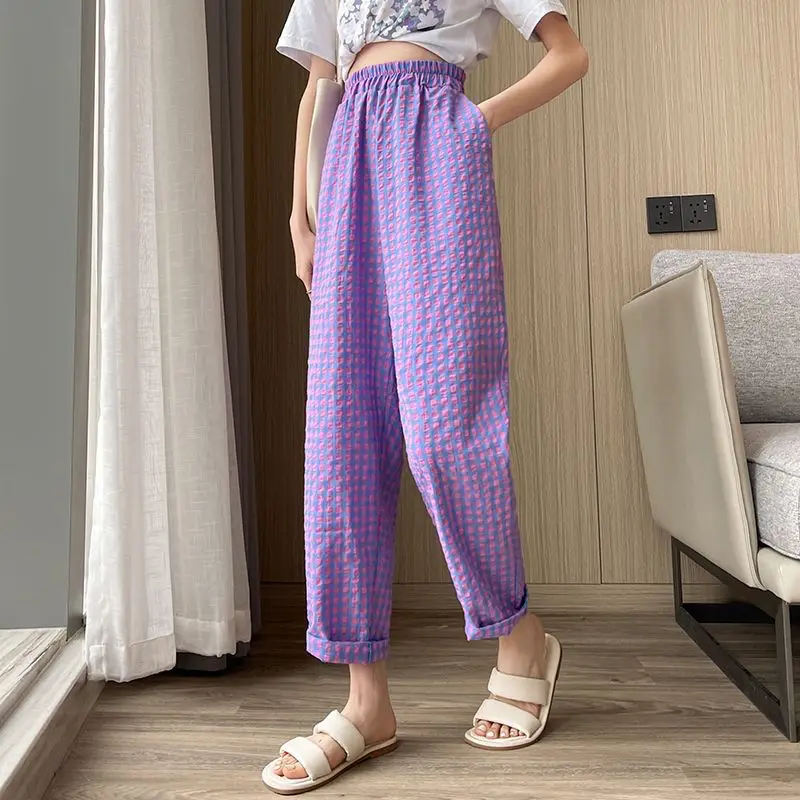 Women's Clothing Spring Autumn Elastic Plaid Contrast Color High Waisted Pockets Casual Straight Sweatpants Trousers Pants
