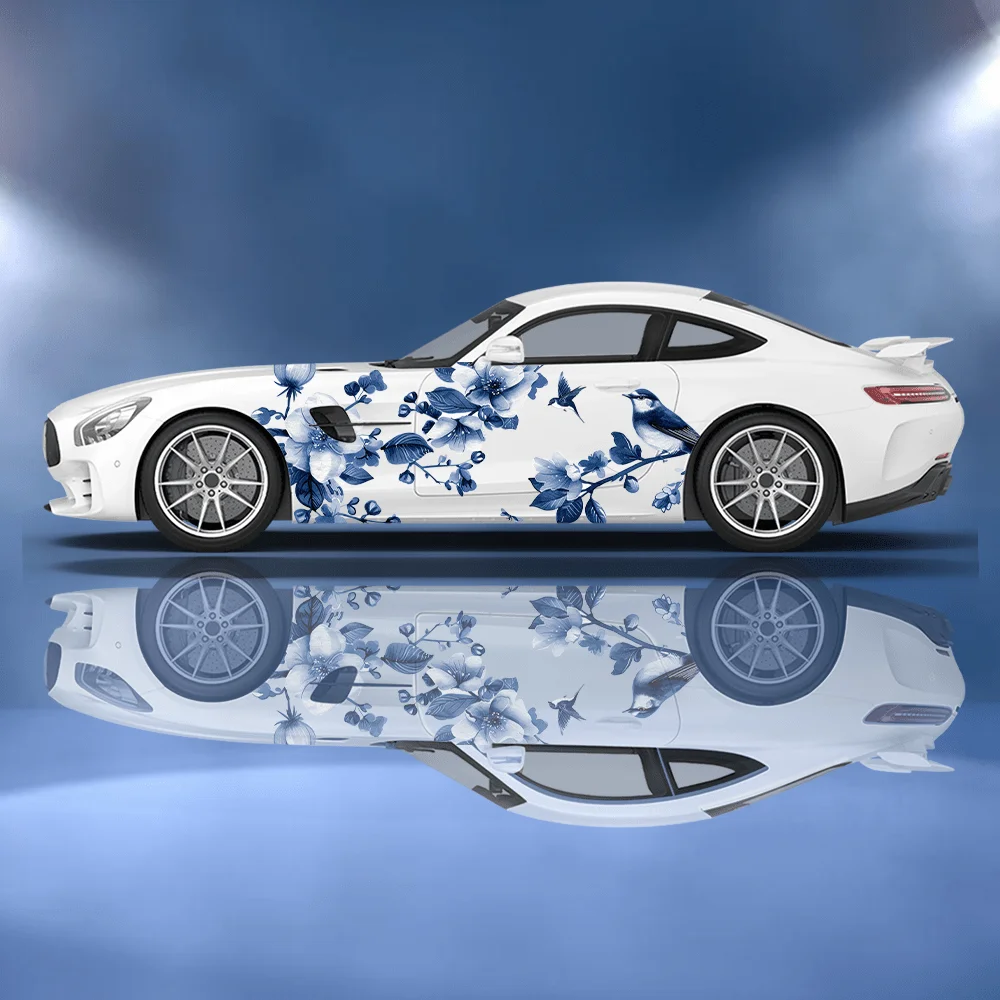 

Elegant Blue Flowers and Birds Car Vinyl Wraps Decal PVC Anti Scratch Sticker Suitable for Trucks SUV Decor Auto Accessories