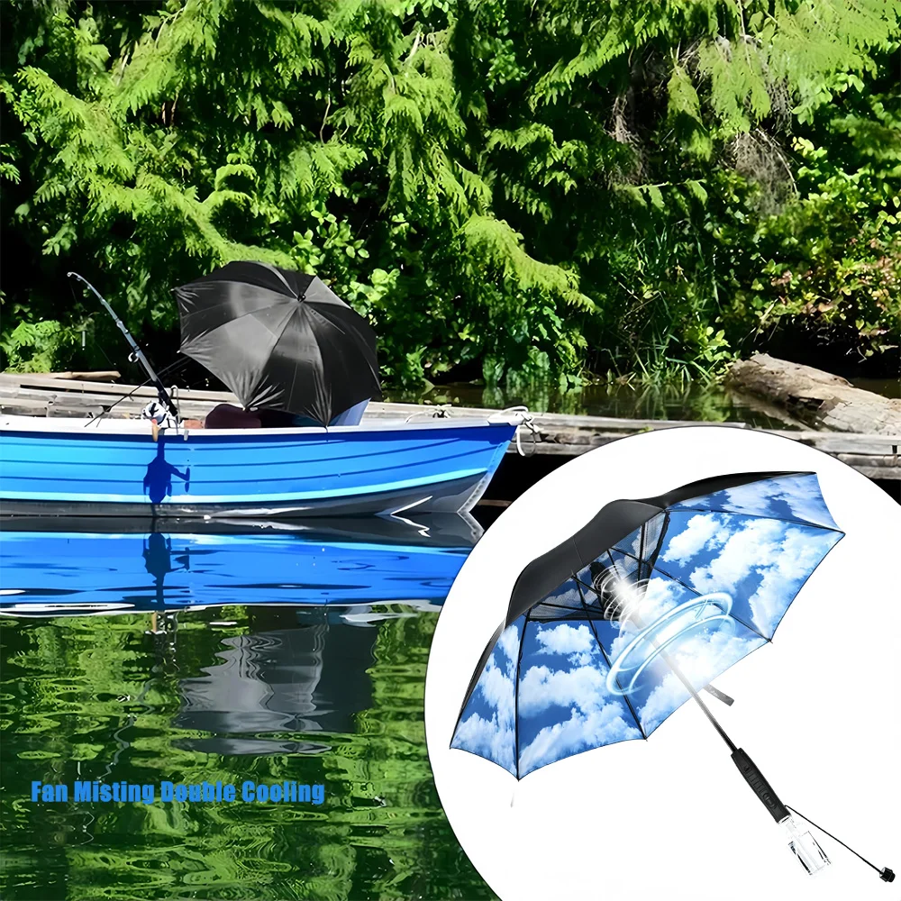 Summer Anti Ultraviolet Large Sun Parasol Straight Long Handle Sun Shade With Built In Fan Mist Spray Cooling Function USB