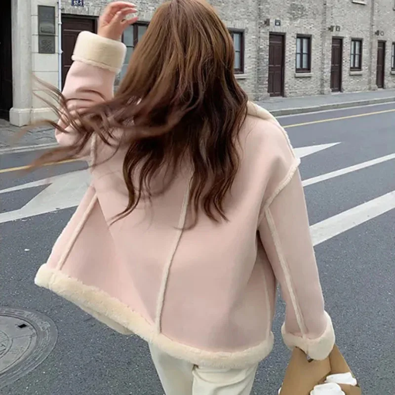 Abrigo de lana de cordero para mujer, chaqueta de cuello alto, Rosa dulce, prendas de vestir de piel sintética, esponjoso, grueso, acolchado, cálido, coreano, Tops femeninos, Invierno