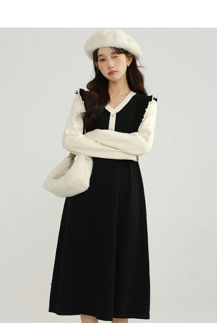 Robe Patchwork contrastée pour femmes, faux deux pièces, col de poupée, robe trapèze, Style français, décontractée, élégante, douce, Slim, tenues d'hiver