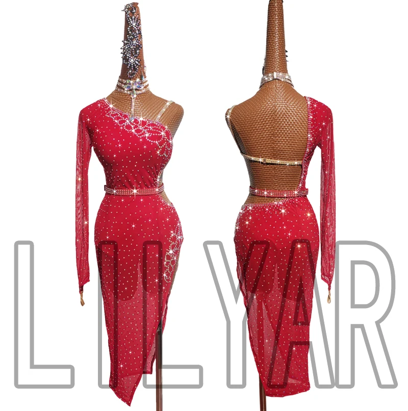 New Latin Dance Competition, Adult Performance  Performance , Rose Red Elastic Mesh waist Dance Skirt