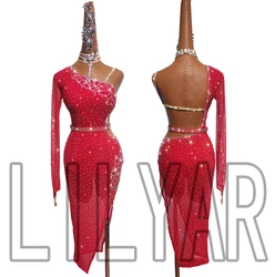 New Latin Dance Competition, Adult Performance  Performance , Rose Red Elastic Mesh waist Dance Skirt