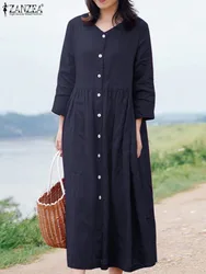 ZANZEA Women Fashion 3/4 Sleeve Shirt Dress Summer Sundress Casual Solid OL Work Midi Vestidos Kaftan Buttons Down Robe Femme