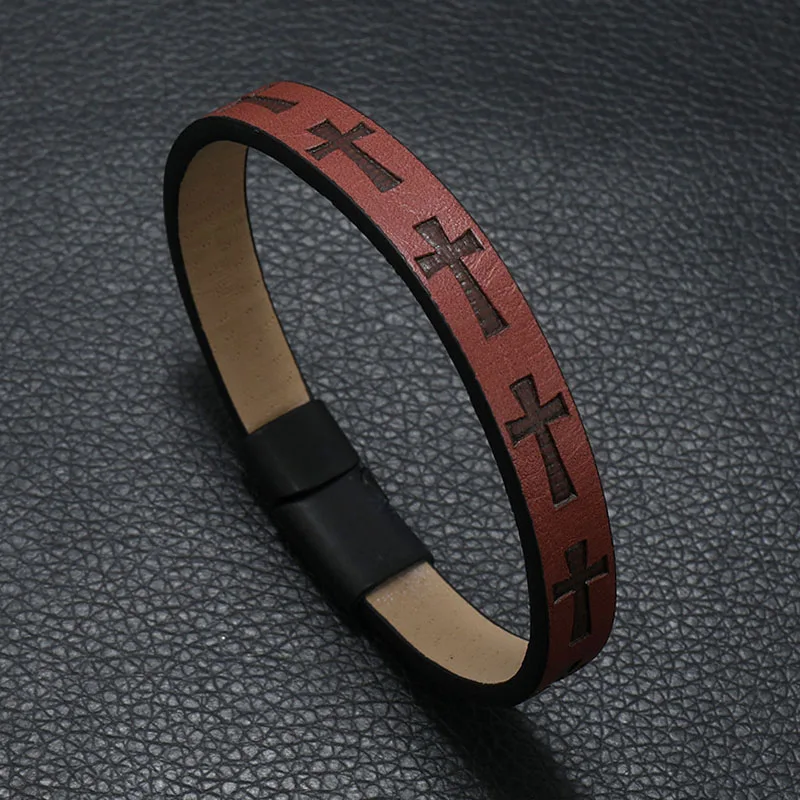 Embossing Leather Lucky Jesus Christ Cross Bracelets for Men Boho Engraved Leather Cuff Bracelet Male Hand Jewelry Accessories