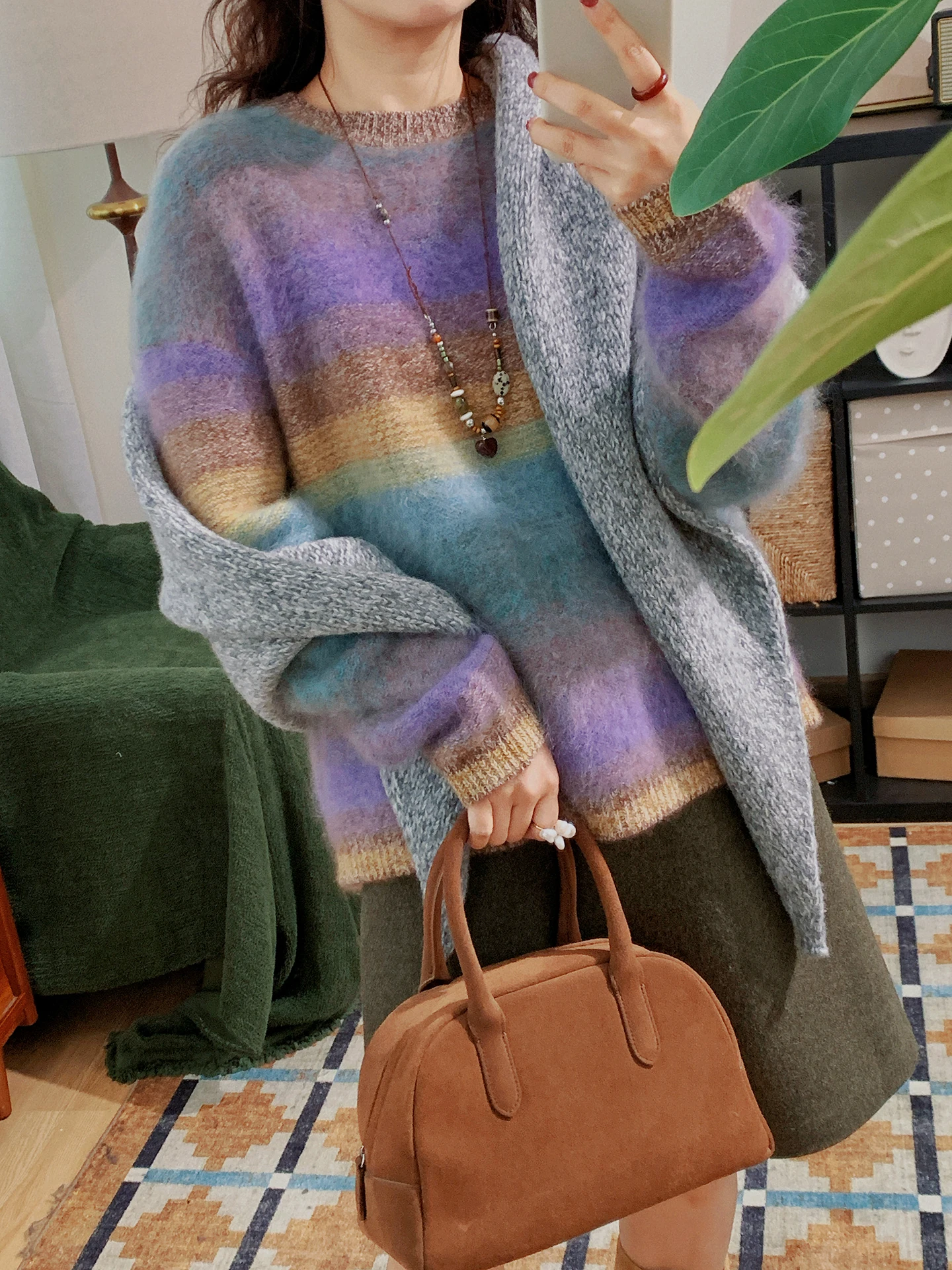 

Ретро-свитер с уникальным радужным цветочным узором, 100% хлопок, свободный крой, круглый вырез, женский теплый термосвитер с длинными рукавами