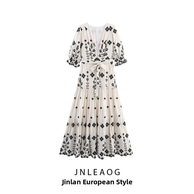 

JNLEAOG Весенняя новинка: женское модное платье с глубоким V-образным вырезом, вышивкой, приталенным силуэтом, из полиэстера, с короткими рукавами-фонариками