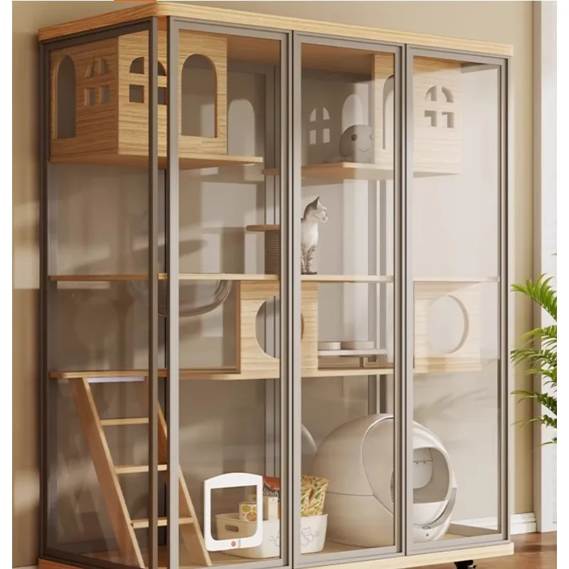 Panoramic Glass Cat & Rabbit Villa-Solid Wood Multi-Layered Luxury Indoor Living Space for Pet Furniture Gift and Pet Supplies