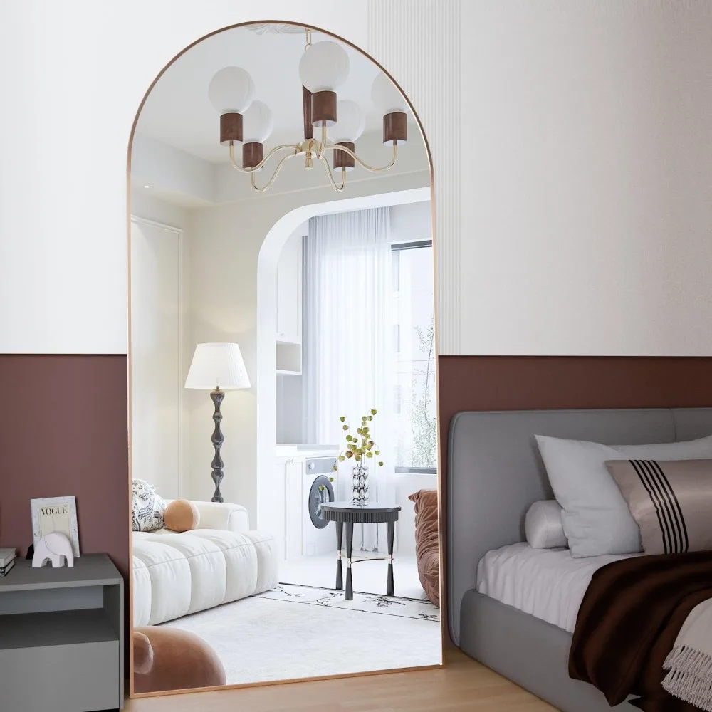 Espelho curvo dourado de comprimento total 193x86 cm, montagem no chão ou na parede, espelho inclinado elegante para beleza e decoração de casa