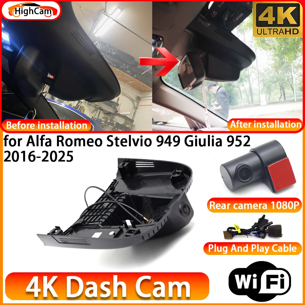 HighCam for Alfa Romeo Stelvio 949 Giulia 952 2016-2025 OEM 4K DVR Dash Cam Front Rear Camera WiFi Video Recorder Plug and Play