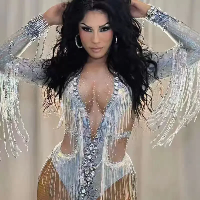

Full Diamond Tassel Cha Long Sleeve jumpsuit Nightclub Bar Female Singer Dance Team Sexy Performance Clothing Party Theme Show