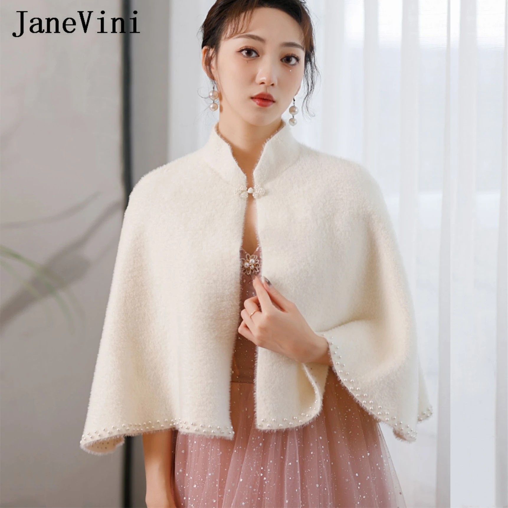 

JaneVini 2023 Winter Wedding Bolero Shrug Women Ivory Pearl Bridal Party Cloak Wraps Mink Hair Fur Female Capes Stole Shawl Coat