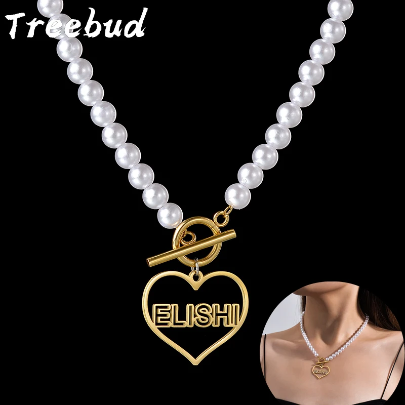 Treebud Custom Heart Name Necklace OT Button Artificial Pearl Chain Stainless Steel Pendant for Women Party Jewelry Gifts