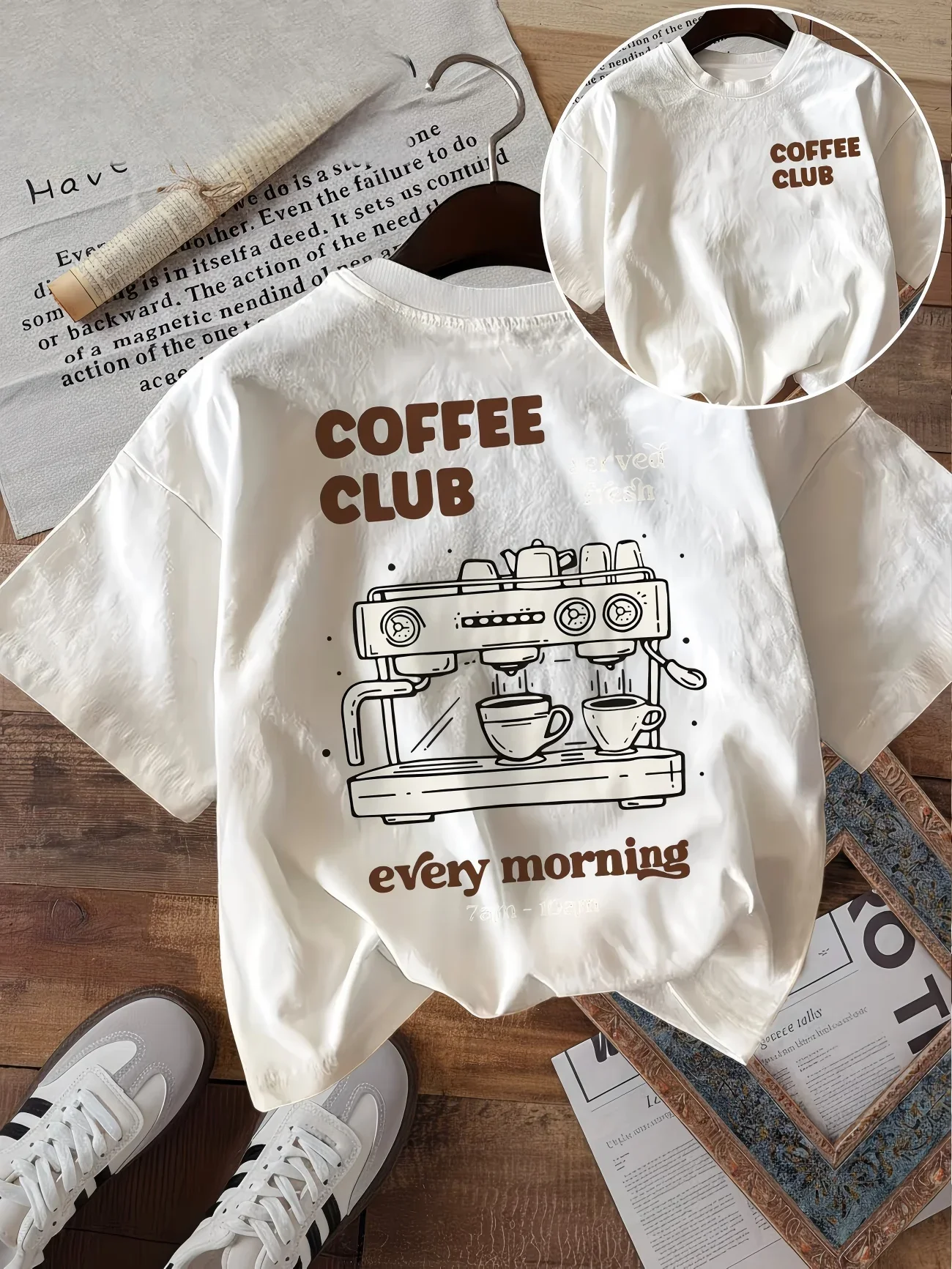 Coffee Club Grafik-T-Shirt für Damen, Retro-Minimalistischer Kaffee-Print, Sommer-Casual-Streetwear, Ästhetisches Harajuku-Mode-Oberteil