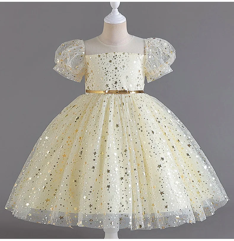 

2026 New Children's Puffy Skirt Sequined Wedding Dress Girl Darling Year-old Bubble Sleeve Dress Performance Dress for 4-12Years