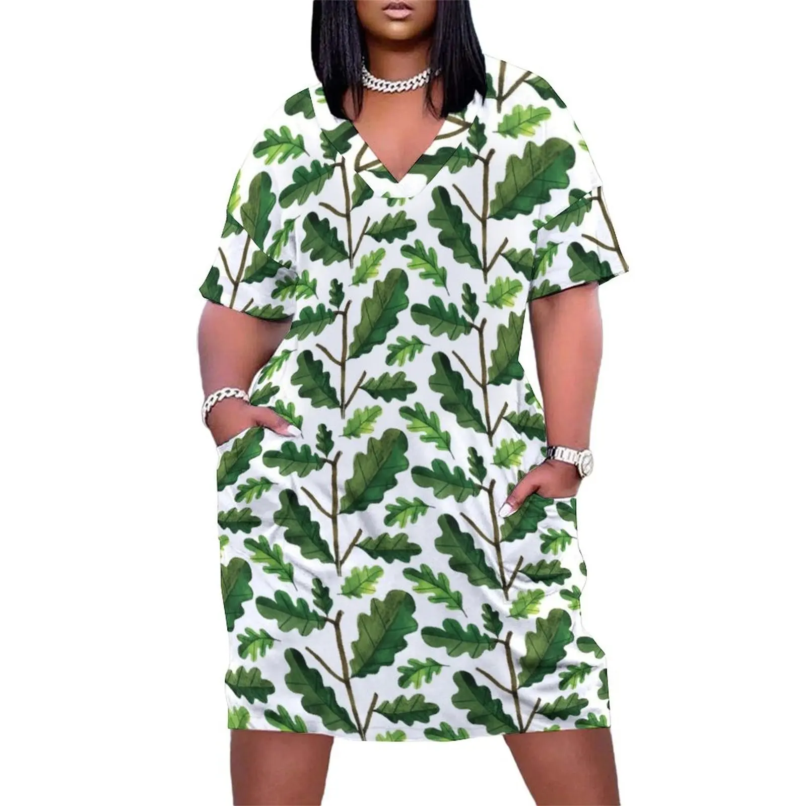 Modern hand painted forest green watercolor oak leaves Loose Pocket Dress summer outfits for women 2025 clothes