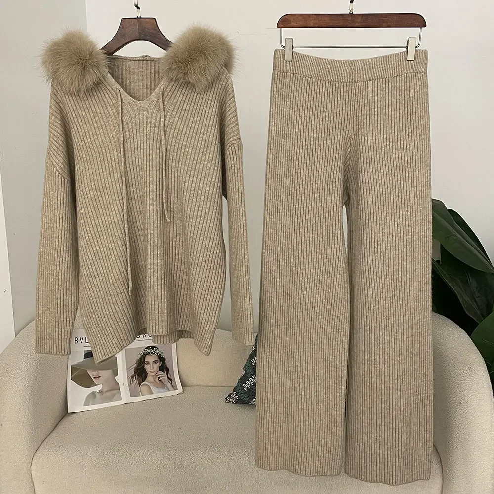 OFTBUY suéter de punto para mujer conjunto de punto primavera otoño suéter de piel de zorro Real moda puños de piel Natural pantalones largos traje de punto