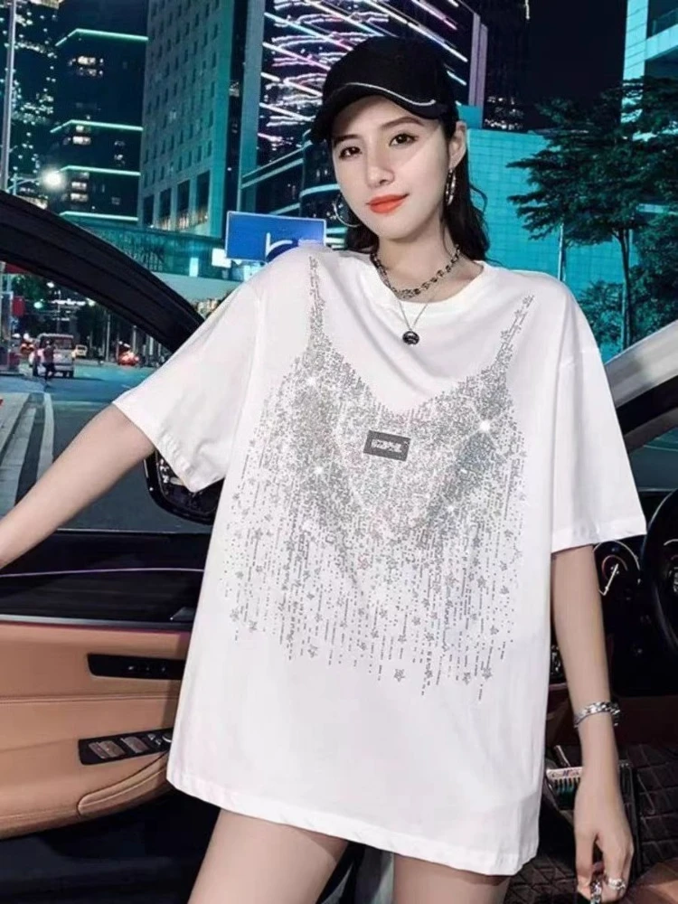 Women's Cotton T-shirt With Embellishment Trendy Loose Fit Streetwear Top For Casual Chic Style