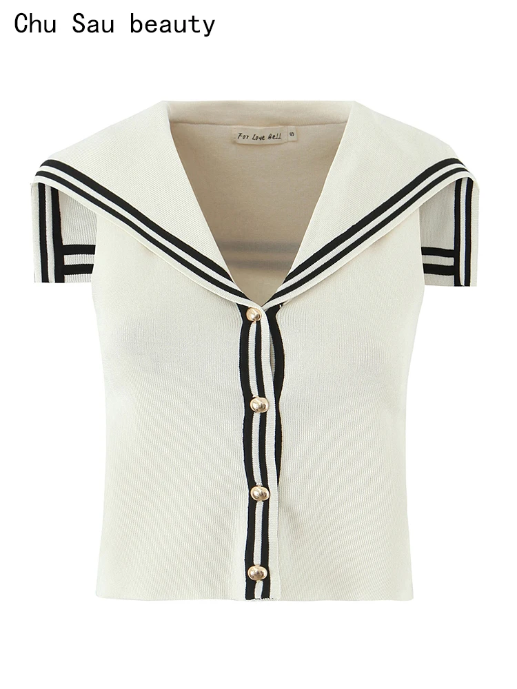 تشو ساو بيوتي 2025 المرأة موضة جديدة خمر البحرية طوق شيك واحدة الصدر تانك القمم مثير سليم بلا أكمام محبوك بلوزة صغيرة #1