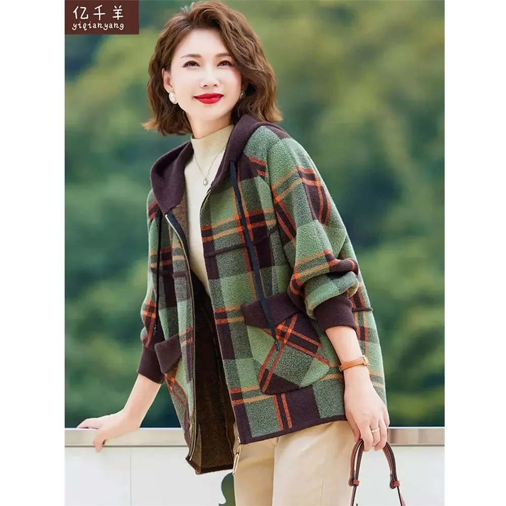 

Mother Autumn And Winter Clothing Double-Sided Velvet Jacket For Women 2025 New Fashion Knit Woolen Coat Plaid Jacket Cardigan