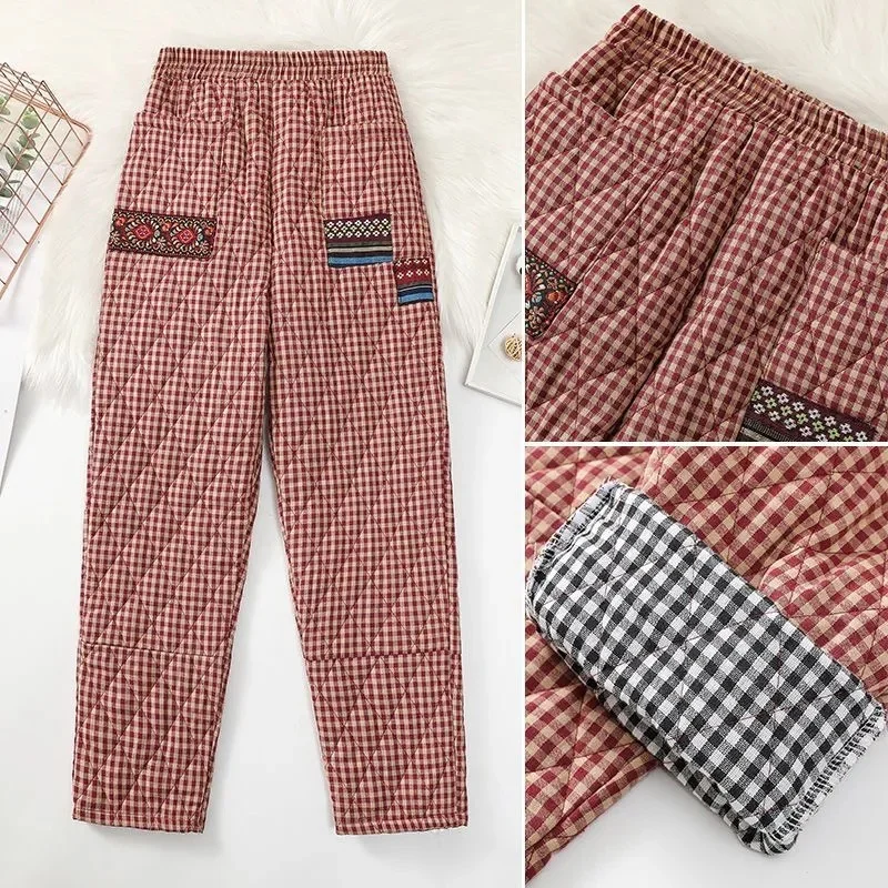 Women\'s Retro Checkered Quilted Cotton Pant With Thick Warm Down Cotton Pant Harlan Pants Female Plaid Trousers Winter Black Red