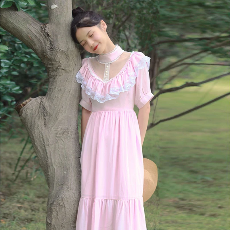 AnXin SH Vintage Prinzessin Chiffon weiße Blume Spitze O-Ausschnitt Kurzarm Perlen Knopf Rüschen Reißverschluss individuelles Abendkleid