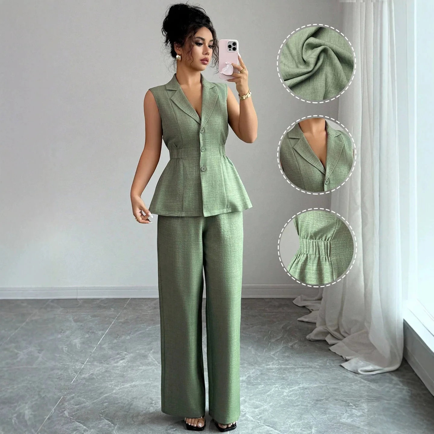 

2026 Summer New Style Waist-cinching Vest And Wide-leg Pants Set With Suit Collar, Casual Commuting Two-piece Outfit