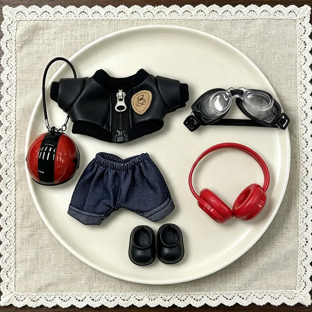 Motorcycle Style Punk Doll Outfit Set Black Leather Jacket Denim Shorts Helmet Headphones Goggles Shoes Full Doll Dress Up
