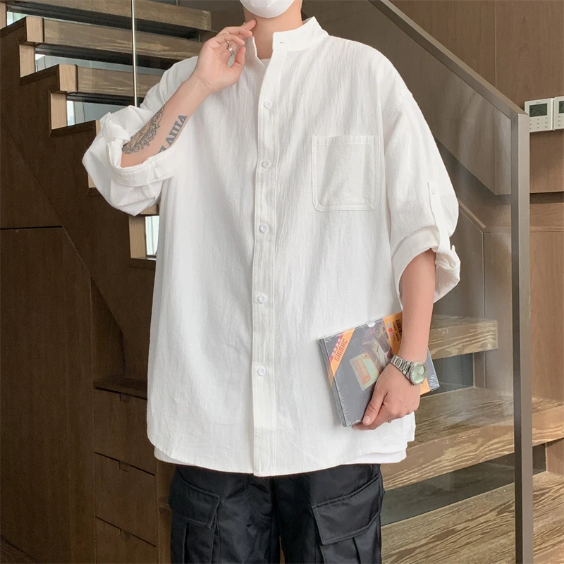 Men's Casual Shirt Made of 100% Cotton. Oversized  Loose-fitting with  Stand-up Collar, This Short-sleeved Shirt Is Breathable.