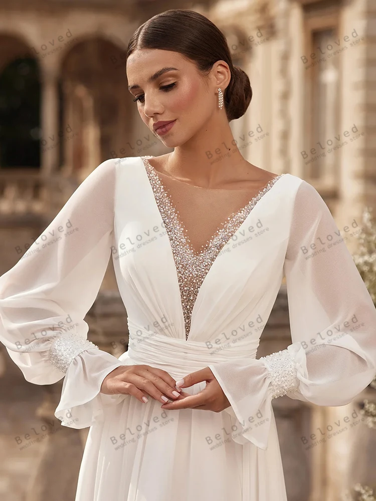 ヴィンテージウェディングドレス Aライン シフォン ブライダルガウン ロングパフスリーブ ディープVネック ローブ クラシック ベスティドス デ ノビア カスタムメイド 2025