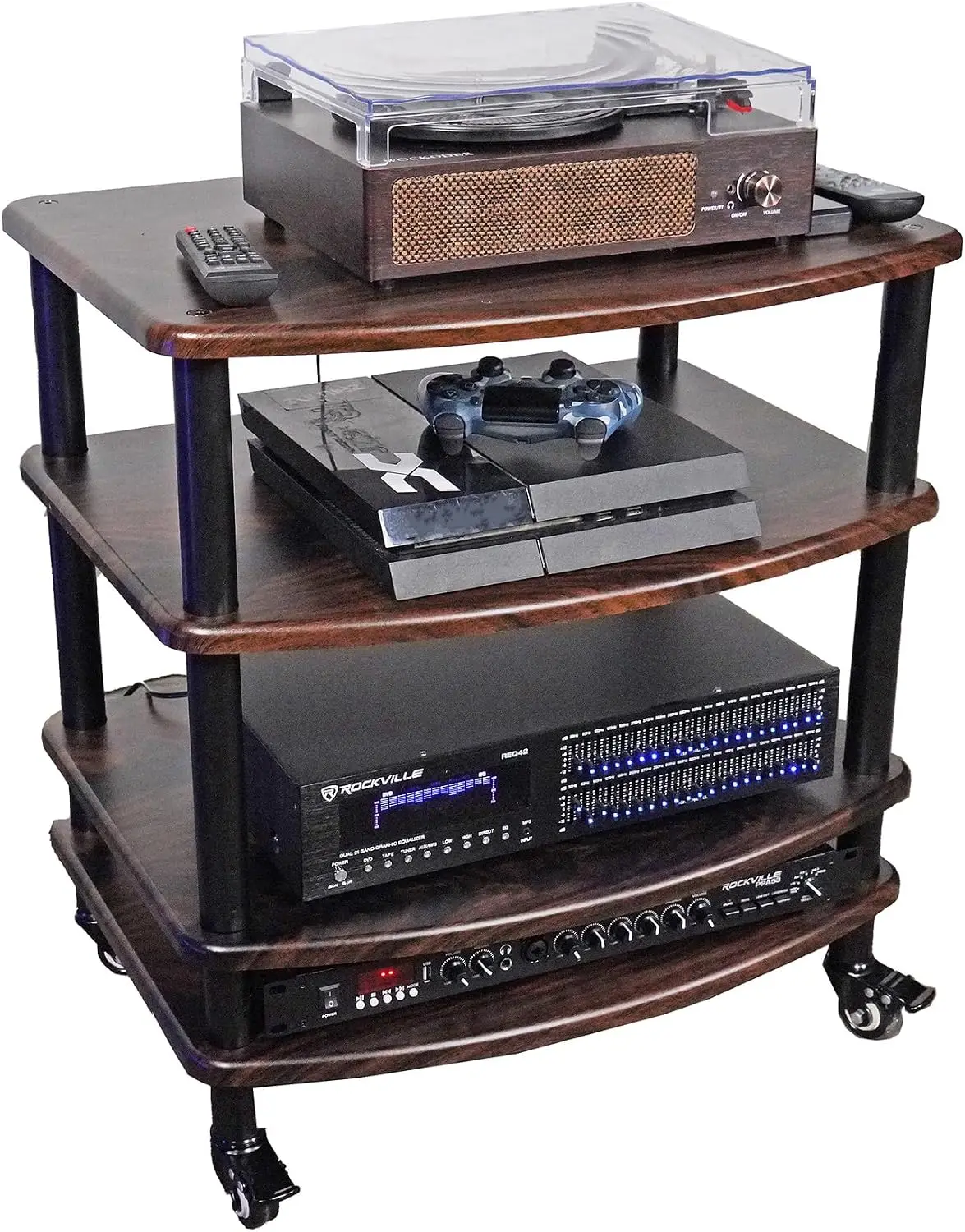 FLX Dark Wood Adjustable Height 4 Shelf Home Theater Audio Rack Stand, 24