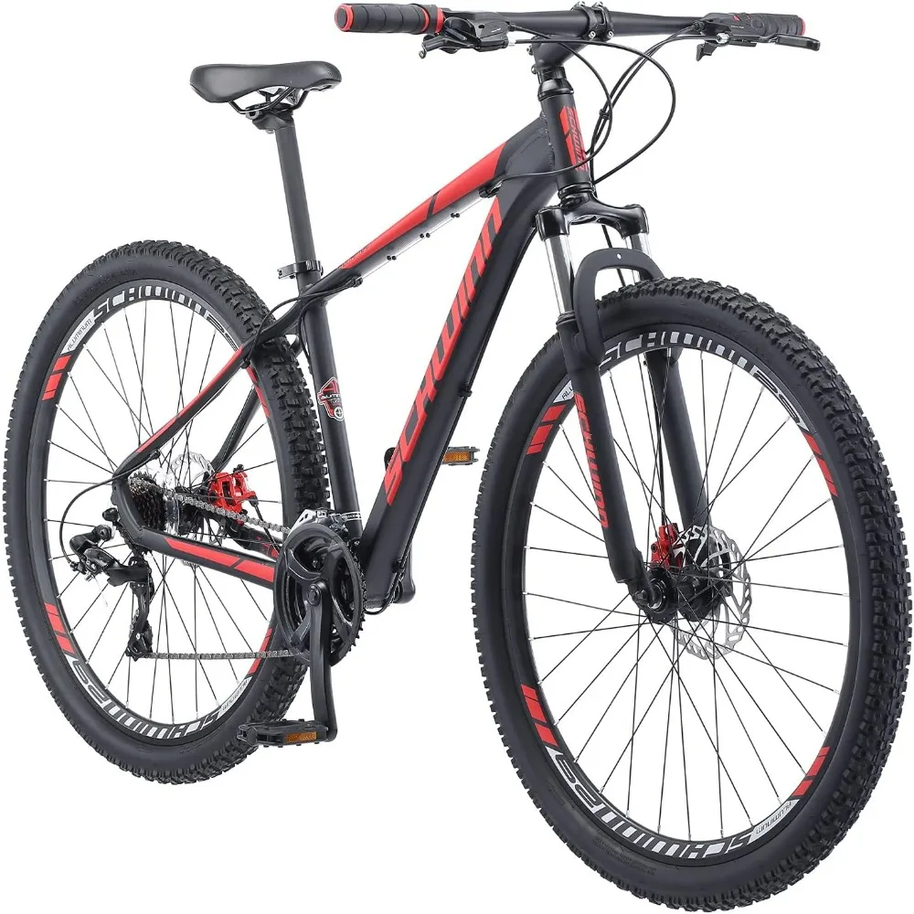 Bonafide Men and Women Mountain Bike, Front Suspension, 24-Speed, 29-Inch Wheels, 17-Inch Aluminum Frame, Matte Black/Red