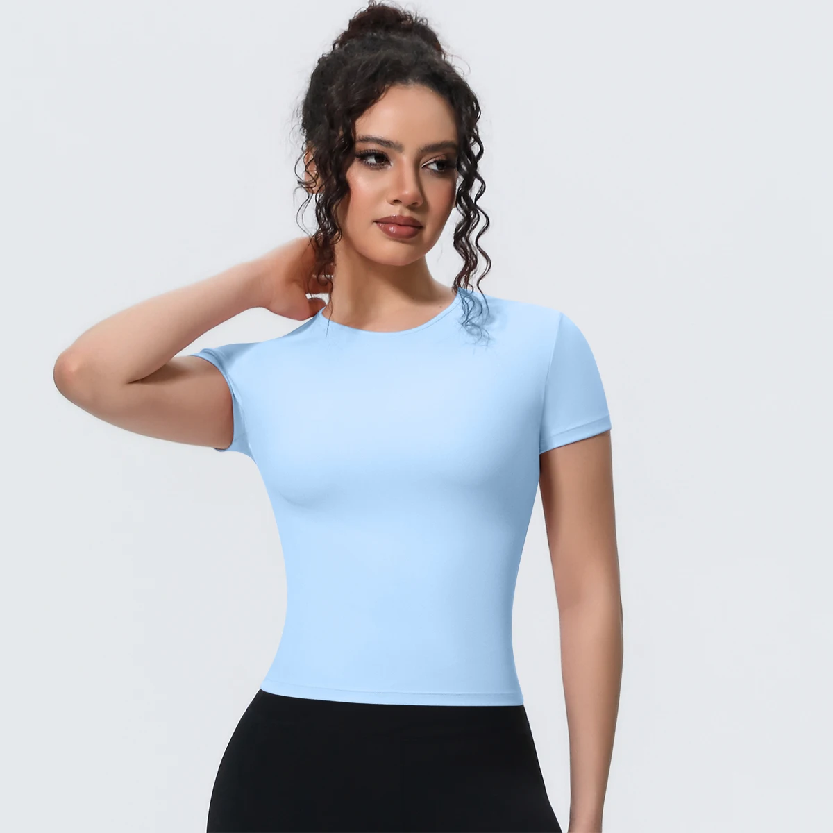 Rooftrellen Breathable Solid Color Gym Running Shirts Yoga T-Shirt Slim Casual Naked Feel Sports Top for Woman's Short Sleeve