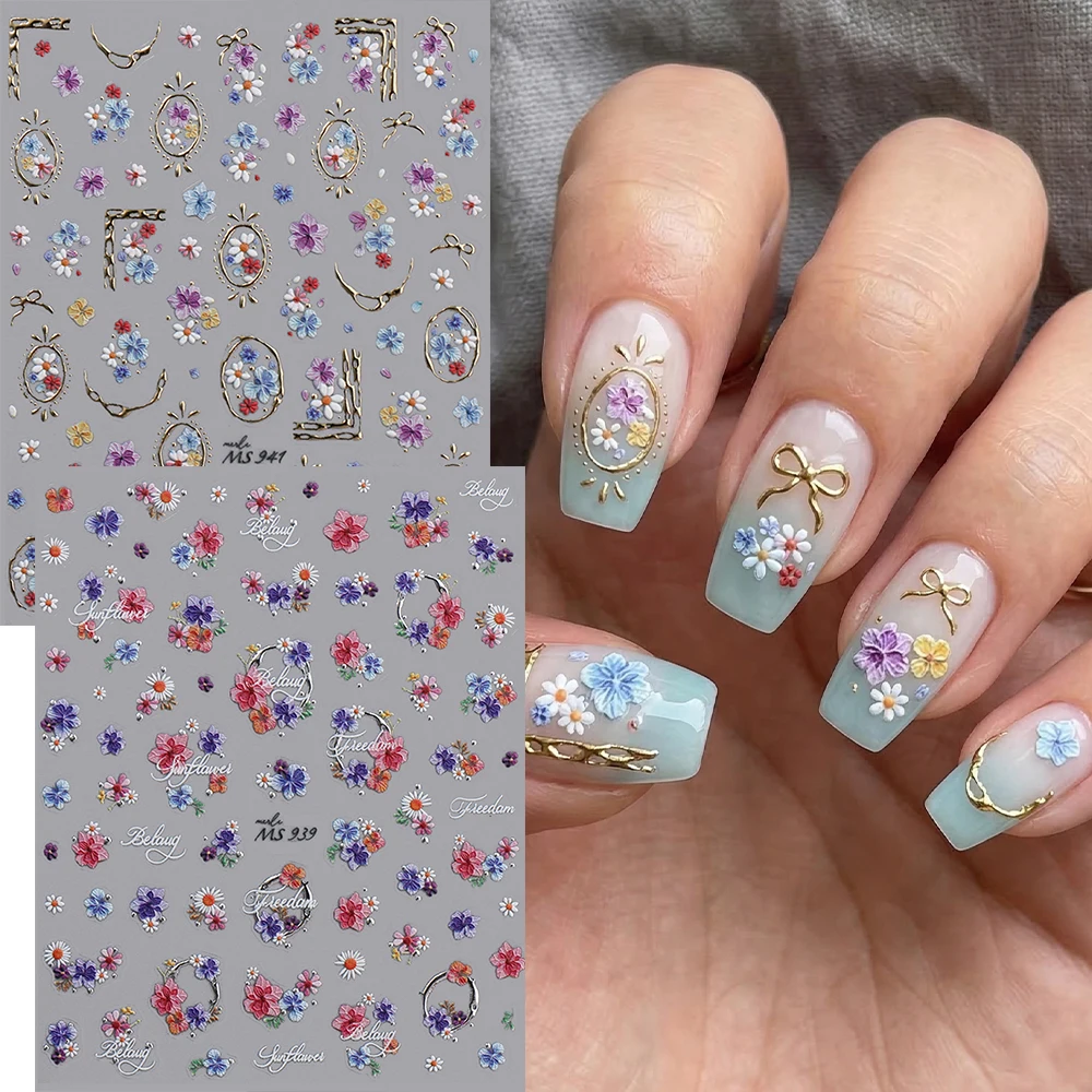 2 Stück geprägte florale 5D-Nagelaufkleber mit goldenem Rahmen, luxuriöser japanischer Stil, DIY-Maniküre, Nagelkunst-Design, Dekorationen, Nagelzubehör