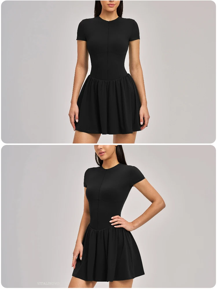 VITALINOVO Damen-Tenniskleid mit Reißverschluss vorne, Rundhalsausschnitt, fließend, plissiert, ärmellos, Mini-Golf-Sportkleid mit Shorts-Tasche – Detail 1