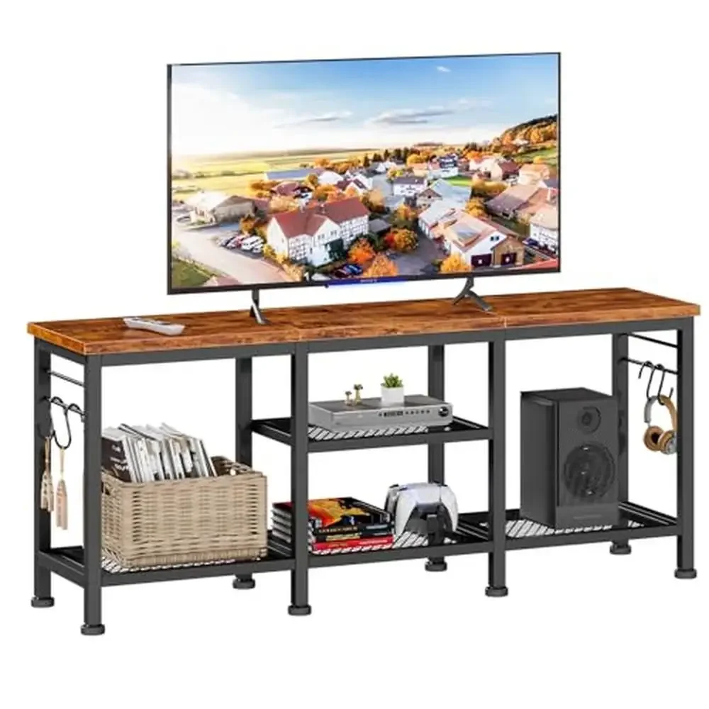 Entertainment Center TV Stand 55 Inch Media Console Table Open Storage Shelves Soundbar Shelf Sturdy Metal Frame Particleboard