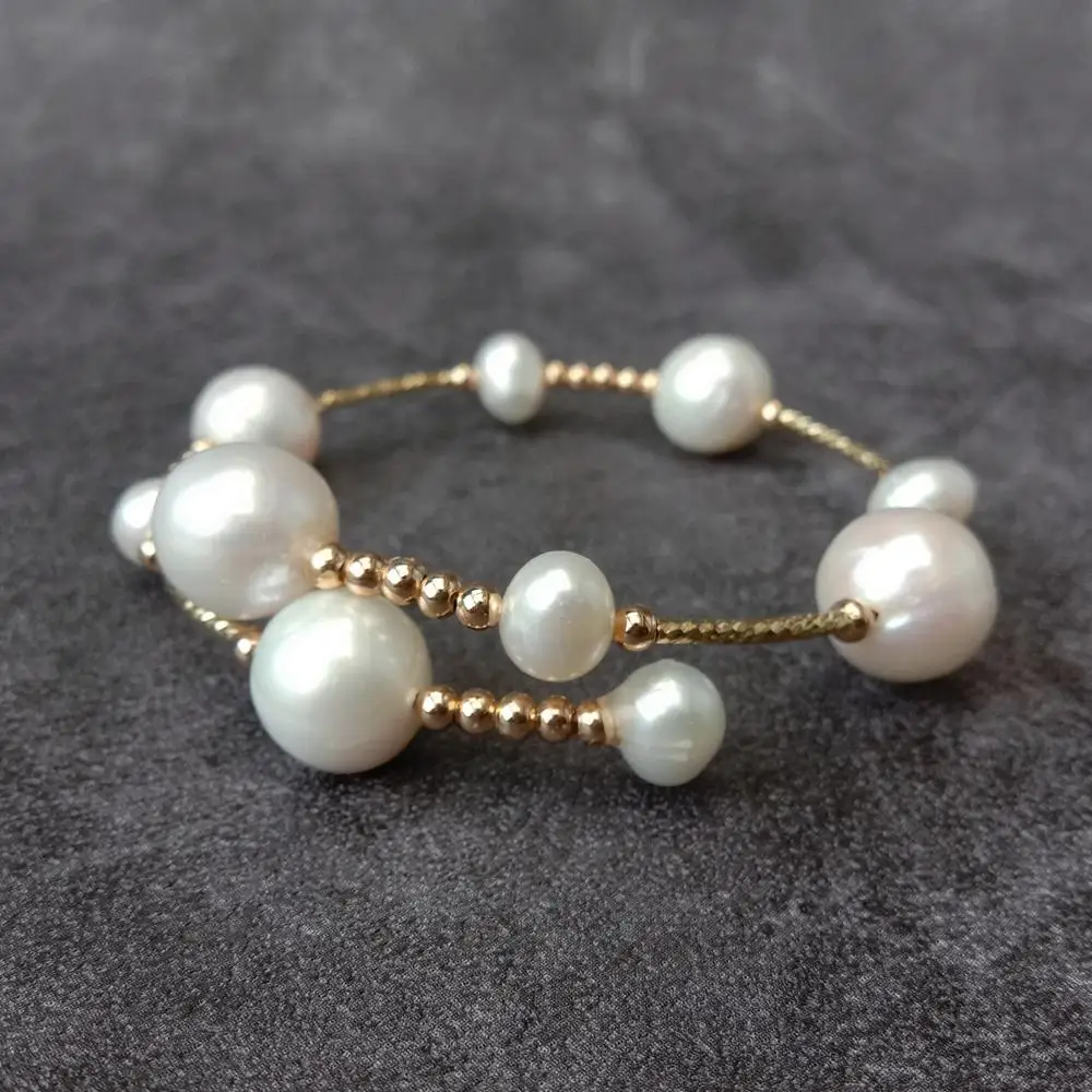 YYGEM 7-8mm 12-13mm Freshwater Cultured White Potato Pearl Gold Plated Beads Bangle Bracelet Adjustable