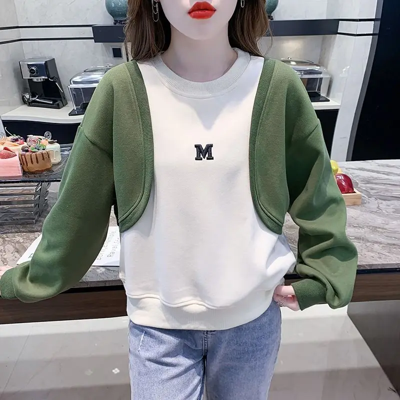 Fashion Spliced Embroidery Letter Fake two pieces Sweatshirts Female Clothing 2023 Autumn Winter Casual Tops Korean Sweatshirts