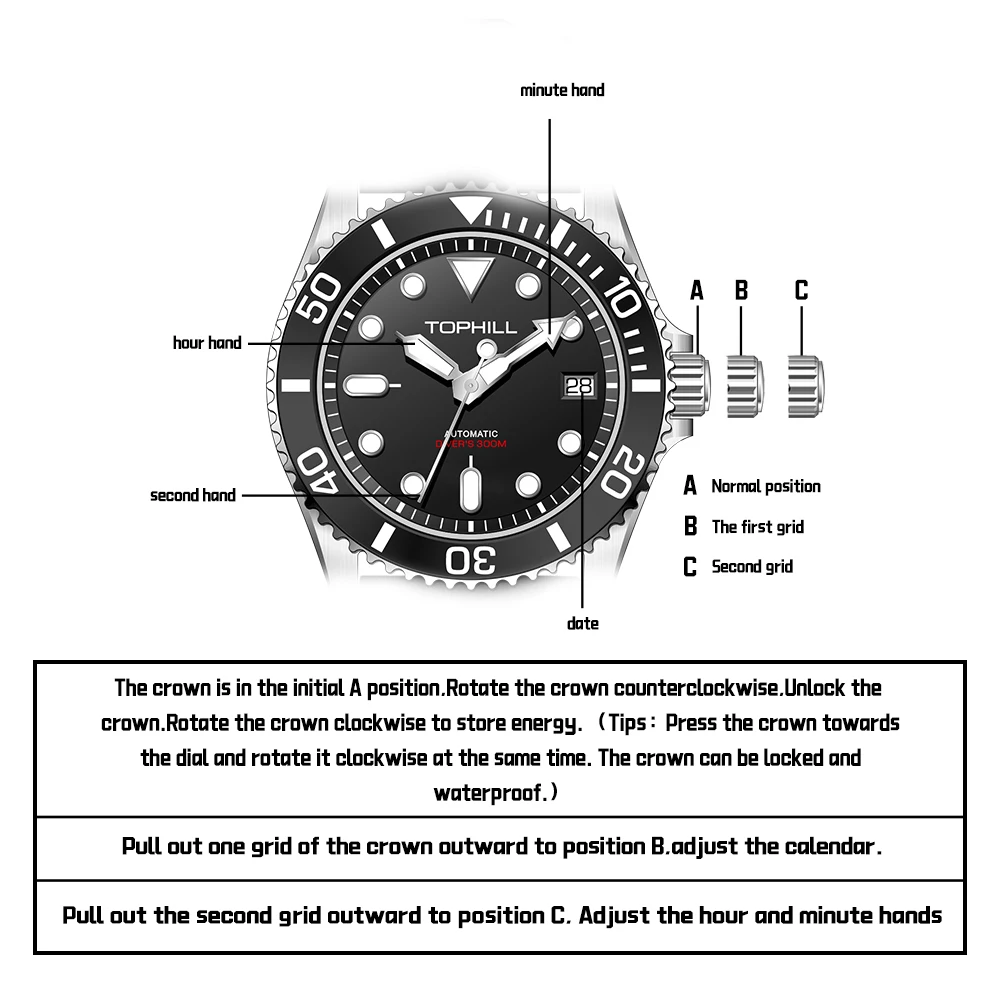 TOPHILL Men\'s Diving Watch 300M Waterproof 316L Automatic Mechanical NH35 Movement Watches Super Luminous Wristwatches Sapphire