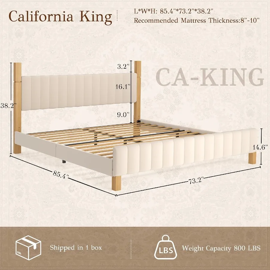 California King Bed Frame, Solid Wood Bed Frame CA-King Size with Upholstered Headboard, Platform Bedframe Noise Free, No Box S
