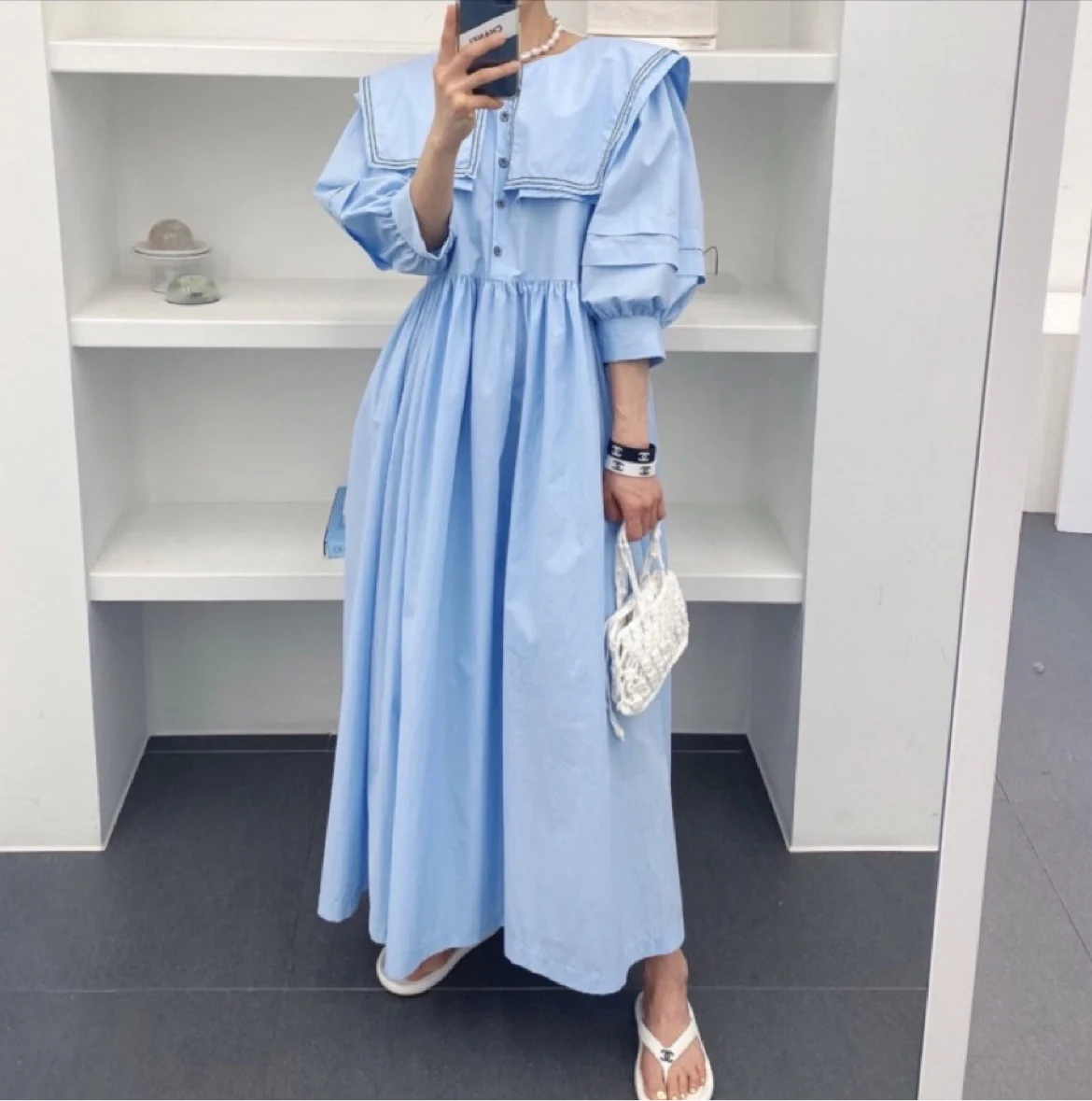 Chic Korean Spring Summer Maxi Dress Half Lantern Sleeve Double Navy Collar Lady Single Breasted Loose Casual Holiday Dress