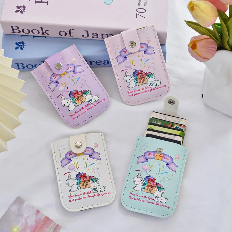 Laminated Concealed Mini Card Case Cute Rabbit Print Wallet ID Card Holder Pull-out Business Card Cover Gift Box for Women Girl